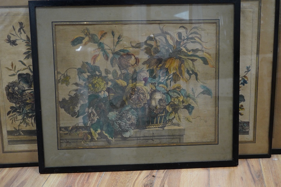 After Jean Baptiste Monnoyer (Franco/Flemish, 1636-1699), Still lifes of flowers, set of six colour etchings, etched by Nicolas de Poilly, 43 x 33cm